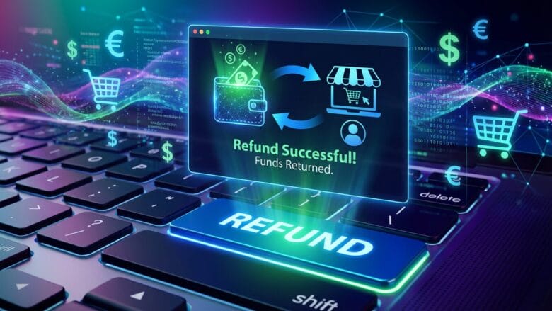 A digital screen displays Refund Successful Funds Returned above a large REFUND button on a keyboard with financial icons in the background.