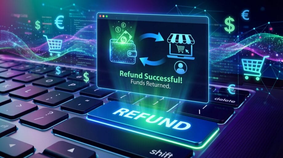 A digital screen displays Refund Successful Funds Returned above a large REFUND button on a keyboard with financial icons in the background.