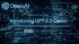 A digital interface announces the release of OpenAIs GPT-5.2-Codex, highlighting coding and cybersecurity applications.