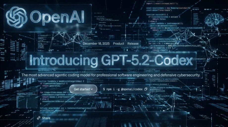 A digital interface announces the release of OpenAIs GPT-5.2-Codex, highlighting coding and cybersecurity applications.