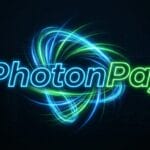 PhotonPay logo with blue and green glowing lines forming a dynamic swirl around the text on a dark background.
