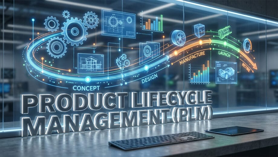 A digital display shows stages of Product Lifecycle Management: Concept, Design, Manufacture, and Launch, in a modern office setting.