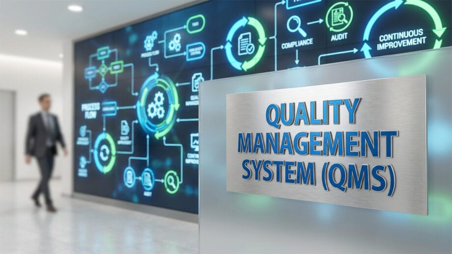 A sign reading Quality Management System QMS in an office, with a blurred diagram and a person walking in the background.