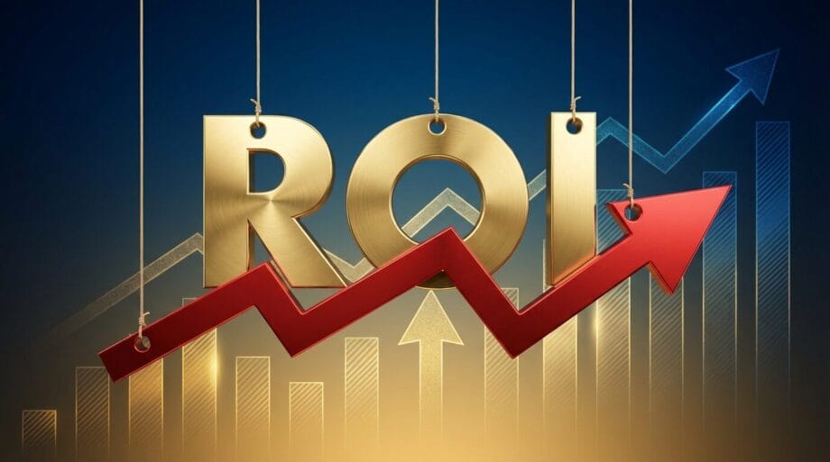 Gold letters ROI hang with a red upward arrow and bar graph in the background, symbolizing increasing return on investment.