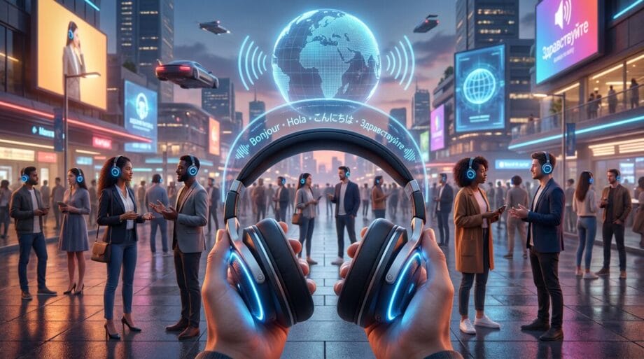 Person holding headphones in a city square; many people wearing similar headphones with holographic translation and global tech elements visible.
