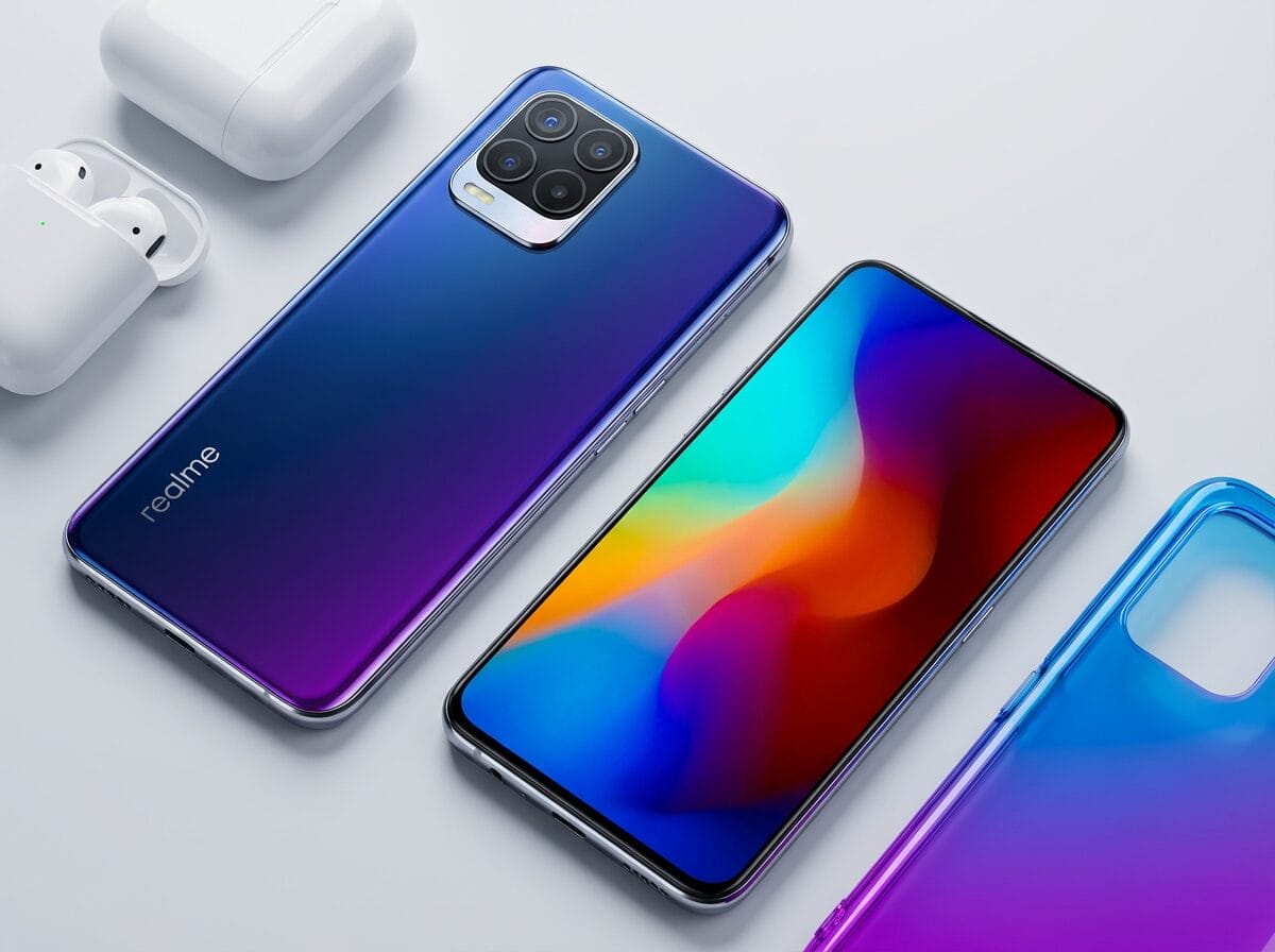 A Realme smartphone with a colorful display, its back shown alongside, next to white wireless earbuds and a case on a white surface.