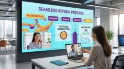 A woman at a laptop video-calling, with a large screen displaying a seamless refund process flowchart and related statistics.