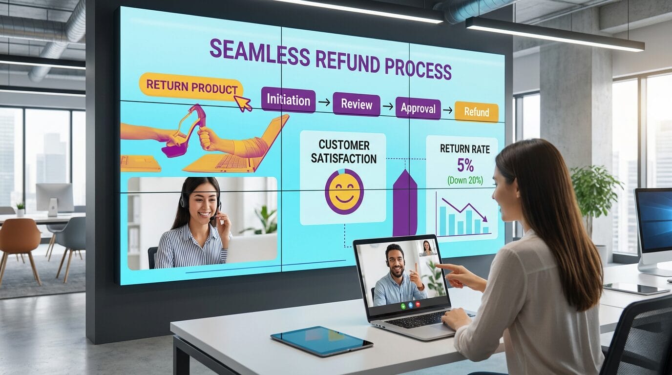 A woman at a laptop video-calling, with a large screen displaying a seamless refund process flowchart and related statistics.