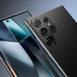 A black smartphone shown from the front and back, highlighting its large display and multiple rear cameras.