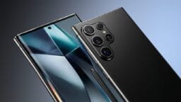 A black smartphone shown from the front and back, highlighting its large display and multiple rear cameras.