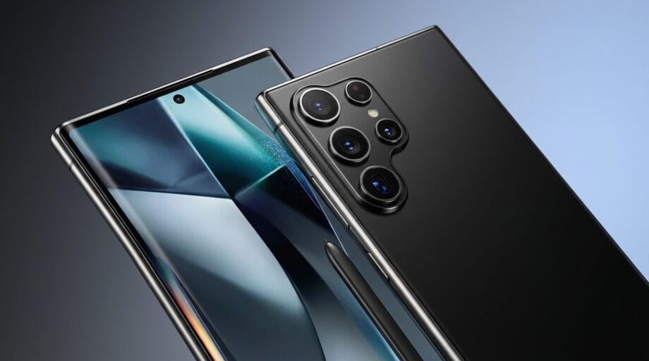 A black smartphone shown from the front and back, highlighting its large display and multiple rear cameras.