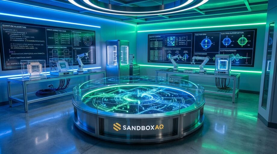 A futuristic lab with robotic arms, digital screens displaying data, and a glowing circular table labeled SANDBOXAQ.