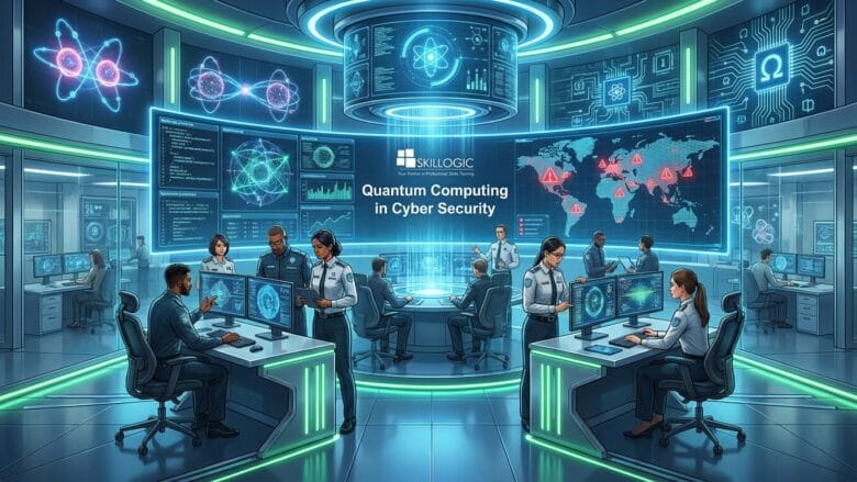 A modern command center with personnel analyzing data on screens, focusing on quantum computing in cybersecurity.