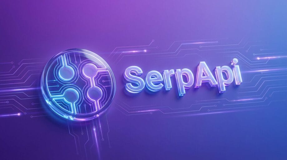 A digital SerpApi logo with circuit-like designs on a purple gradient background.