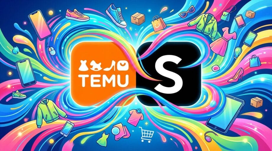 Colorful illustration showing Temu and Shein logos surrounded by digital shopping icons like clothes, shoes, bags, and electronics.