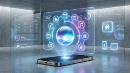 A smartphone projects holographic digital interfaces, displaying weather, apps, and smart home controls in a modern, glass-walled room.