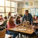 Students work on a hands-on project in a classroom with a smartphone prohibition sign and a basket holding collected phones.