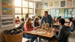 Students work on a hands-on project in a classroom with a smartphone prohibition sign and a basket holding collected phones.