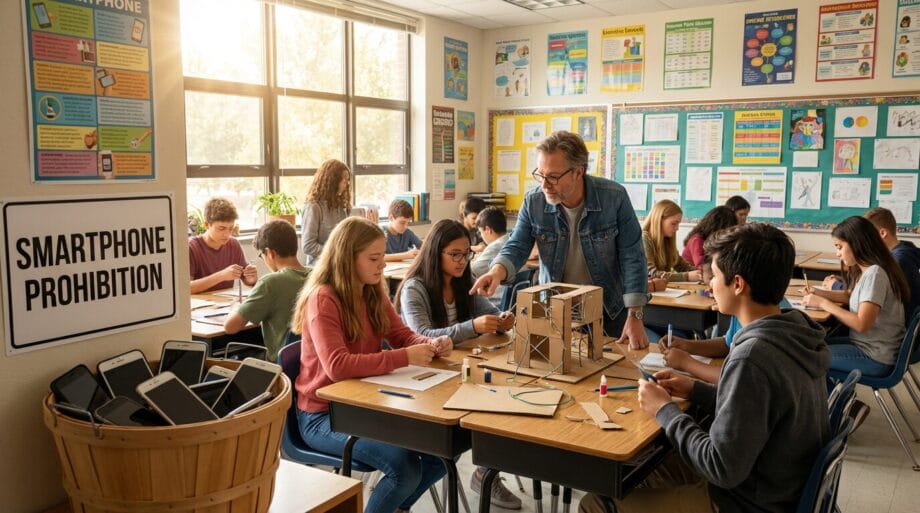 Students work on a hands-on project in a classroom with a smartphone prohibition sign and a basket holding collected phones.