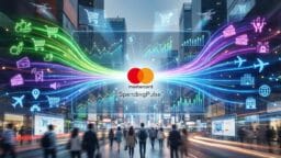 People walk in a busy city street with Mastercard SpendingPulse graphics showing data trends and shopping icons overlaying the scene.