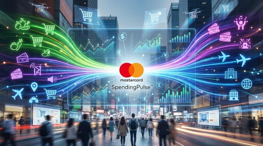 People walk in a busy city street with Mastercard SpendingPulse graphics showing data trends and shopping icons overlaying the scene.