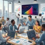 Modern office with diverse team working on laptops, whiteboards, and charts, with AI Startup Funding presentation displayed on screens.