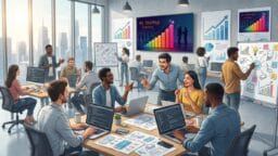 Modern office with diverse team working on laptops, whiteboards, and charts, with AI Startup Funding presentation displayed on screens.