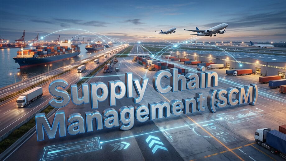 Shipping port with trucks, cargo containers, planes, and ships, overlaid with the text Supply Chain Management SCM and digital graphics.