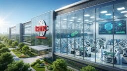 A modern TSMC building with large glass windows reveals engineers and robots working on semiconductor manufacturing inside.