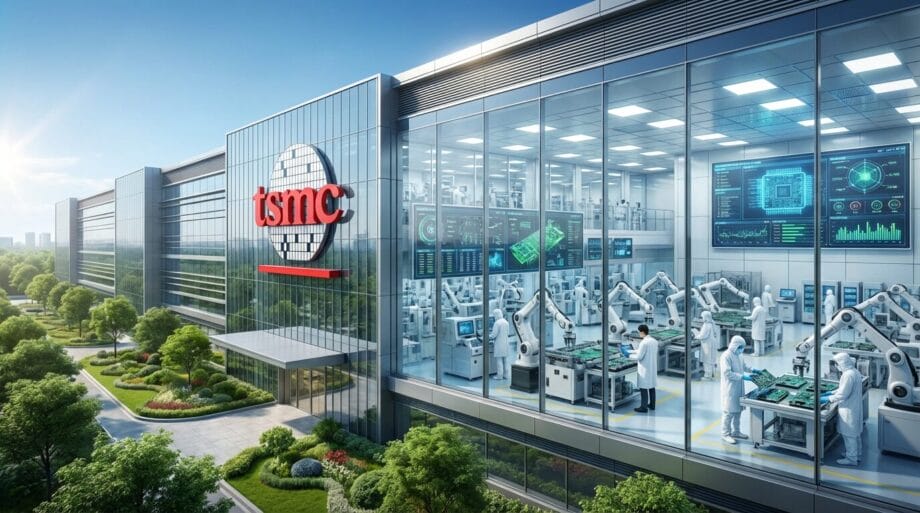 A modern TSMC building with large glass windows reveals engineers and robots working on semiconductor manufacturing inside.
