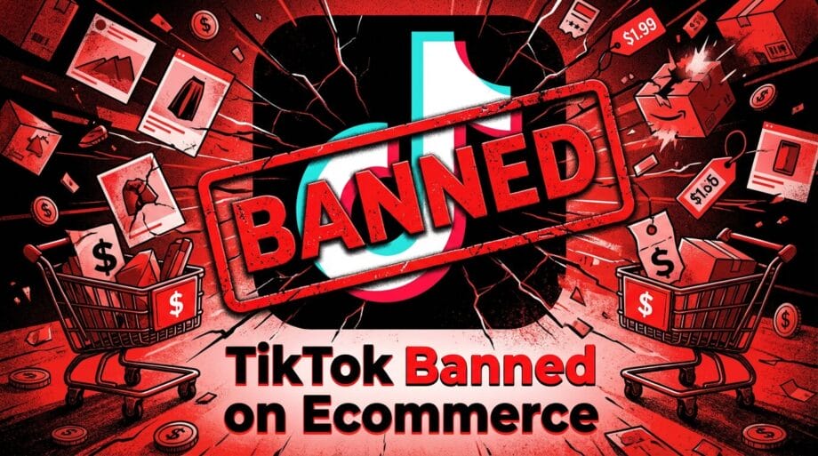 A large Banned stamp covers the TikTok logo, with shopping carts and dollar signs, and the text TikTok Banned on Ecommerce below.