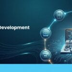 A digital graphic shows Top Web Development Trends with icons and a laptop displaying code symbols like HTML, CSS, and JS.