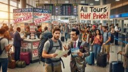 A man at an airport holds a map, looking confused, while a flashy vendor advertises All Tours Half Price amid signs warning of scams.