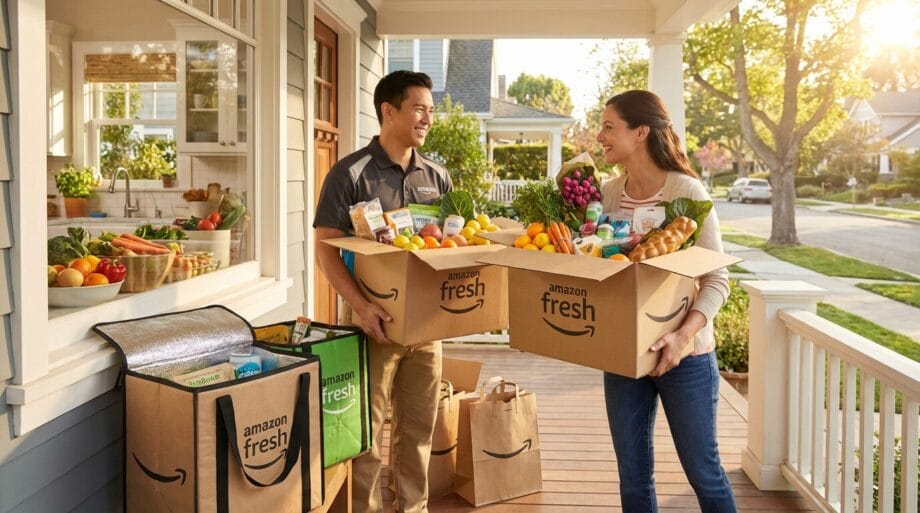 A delivery driver hands a woman Amazon Fresh grocery boxes on her front porch, with bags and produce visible around them.