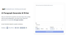 Screenshot of an AI-powered paragraph generator website with input fields for topic, tone, length, and paragraph count options.