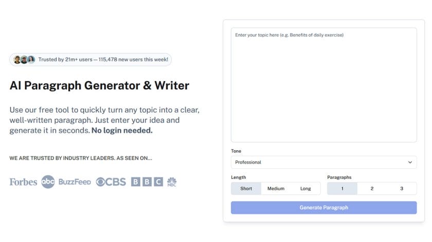 Screenshot of an AI-powered paragraph generator website with input fields for topic, tone, length, and paragraph count options.