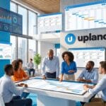 A group of professionals discuss charts and graphs on a large screen in a modern office, with multiple data dashboards displayed on walls.