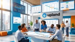 A group of professionals discuss charts and graphs on a large screen in a modern office, with multiple data dashboards displayed on walls.