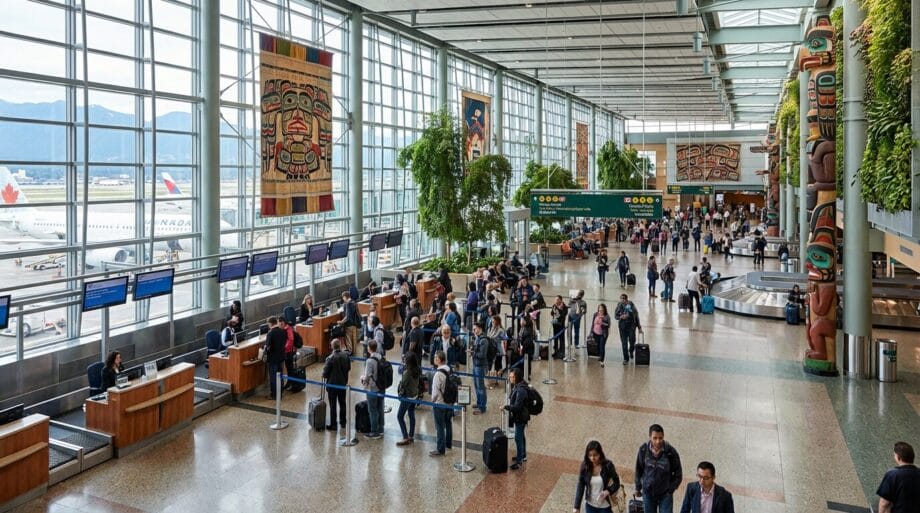 Travelers line up at check-in counters in a spacious airport terminal with large windows and Indigenous art displayed on the walls.