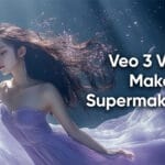 A woman in a flowing dress underwater with the text Veo 3 Video Maker by Supermaker AI overlaid.