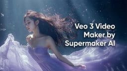 A woman in a flowing dress underwater with the text Veo 3 Video Maker by Supermaker AI overlaid.