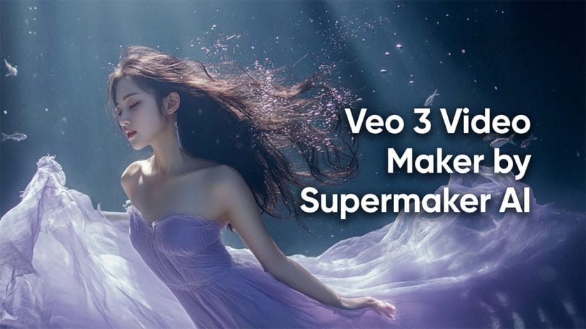 A woman in a flowing dress underwater with the text Veo 3 Video Maker by Supermaker AI overlaid.