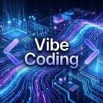 Digital circuit board with glowing blue and purple waves, featuring the words Vibe Coding in the center with coding brackets.