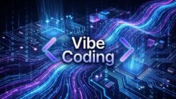 Digital circuit board with neon code streams and the words Vibe Coding in the center.