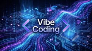 Digital circuit board with glowing blue and purple waves, featuring the words Vibe Coding in the center with coding brackets.