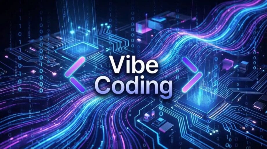 Digital circuit board with neon code streams and the words Vibe Coding in the center.