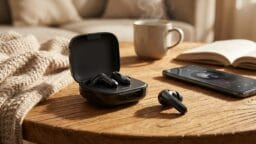 A pair of wireless earbuds in a charging case on a wooden table with a mug, open book, smartphone, and knitted blanket nearby.