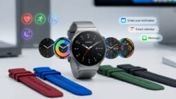 A silver smartwatch with health and app icons floating above, next to four colored watch bands on a desk.