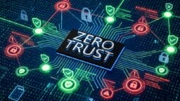 Zero Trust written in the center of a digital network diagram, with green access and red access denied security icons connected by circuit lines.