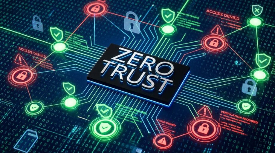 Zero Trust written in the center of a digital network diagram, with green access and red access denied security icons connected by circuit lines.